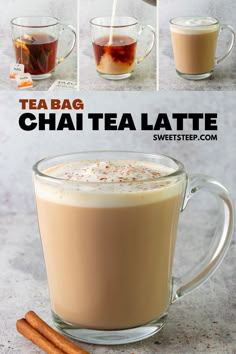 Two chai tea bags steeping in a mug, milk being poured into tea, foam added on top of latte, and a chai tea latte in a glass mug with cinnamon sprinkled on top. Chi Tea Recipe, Iced Chai Recipe, Chia Tea Recipe, Chia Tea Latte Recipe, Chai Tea Drinks, Chai Tea Latte Recipe, Homemade Chai Tea, Hot Tea Recipes, Iced Chai Tea Latte