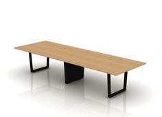 a wooden table with black metal legs on a white background and an empty area for text