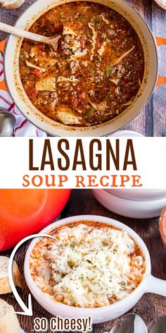 lasagna soup recipe in a white bowl with spoons and bread on the side