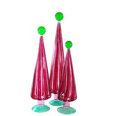 three pink vases with green balls on them