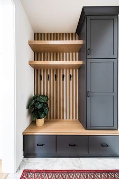 a wooden shelf with drawers and a potted plant on it next to a rug