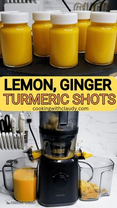 lemon ginger turmric shots are being used to make orange juice in the blender