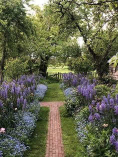 a brick path in the middle of a garden with blue and purple flowers on either side