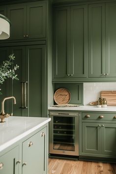 a kitchen with green cabinets and white counter tops is pictured in this image, there is a potted plant on the stove