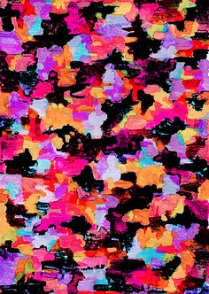 an abstract painting with lots of colors and black, pink, blue, orange, yellow