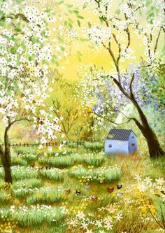 a painting of a small house in the middle of a field with trees and flowers