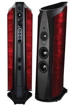 two speakers are shown side by side with red wood grain and black metal trims