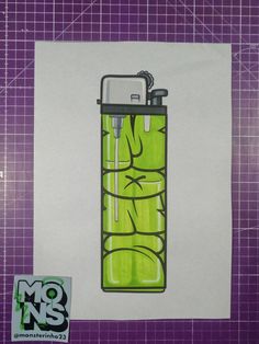 a drawing of a green lighter with graffiti on it's side, next to a purple background