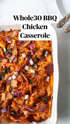 a casserole dish with meat and onions in it on a white counter top