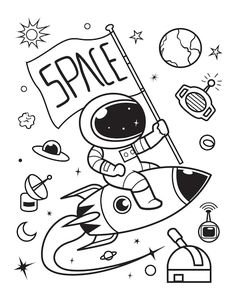 an astronaut is flying on the rocket with a sign in his hand and other space related objects around him