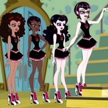 three cartoon girls dressed in black and pink roller skates