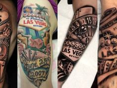 three different tattoos on both arms and legs, one with las vegas signs in the background