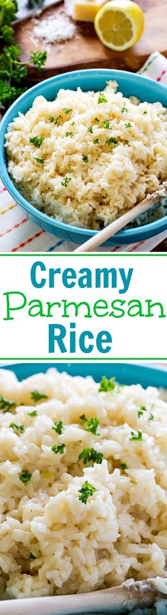 creamy parmesan rice in a blue bowl with lemons and parsley on the side