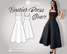 a woman in a black dress standing next to a white wall with the words bustie dress grace on it