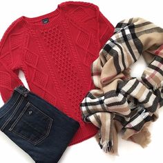 Red And Camel Outfit, Red Sweater Outfit, Camel Outfit, Red Cable Knit Sweater, Plaid Blanket Scarf, Sweater Outfit, Holiday Red, Red Sweater, Casual Work Outfits