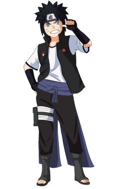 an anime character with black hair and blue eyes is pointing to the side while wearing a vest