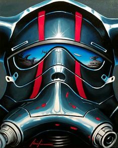 a painting of a star wars helmet with red and blue stripes on it's face