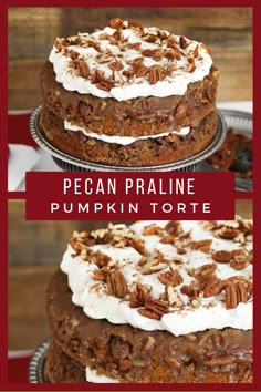 pecan pralie pumpkin torte with whipped cream and pecans on top