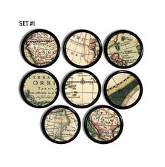 six different maps are shown in the shape of magnets on a white background with black trim