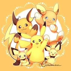 a group of pikachu standing next to each other on top of a yellow background