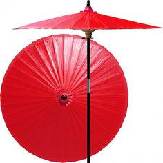 two red umbrellas sitting next to each other on top of a metal pole,