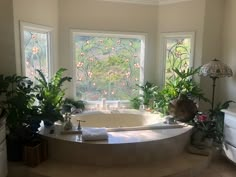 a bath tub sitting next to two windows with plants in the window sill on either side