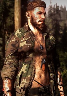 a man in camouflage shirt walking through the woods with chains around his neck and chest