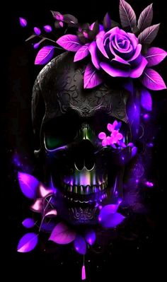 a skull with purple flowers on its head