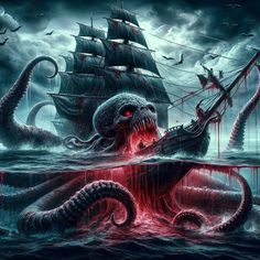 an octopus attacking a ship in the ocean