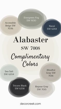 Complimentary Colors for Alabaster SW 7008 by Sherwin Williams.Harmonious color scheme Sw 7036 Accessible Beige, Sw Whole House Paint Scheme, Accessible Beige Sw, Guest Room Colors, Tricorn Black, Paint Color Combos, Beige Color Scheme, Greige Paint Colors