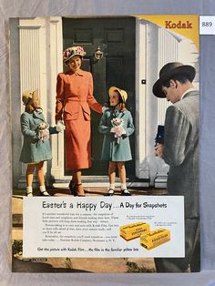 an advertisement for kodak's easter eggs with three children in front of the door