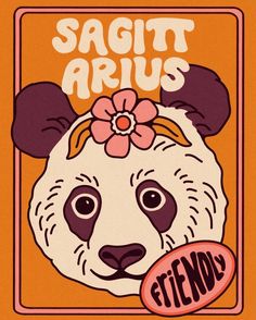 a panda bear with a flower in its hair and the words sagitt arius