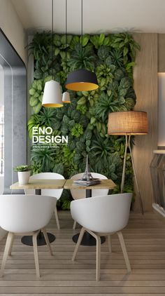 an image of a dining room setting with plants on the wall and lamps hanging from the ceiling