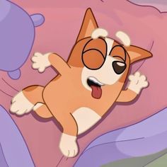 a cartoon dog laying on top of a bed with its tongue out and eyes closed