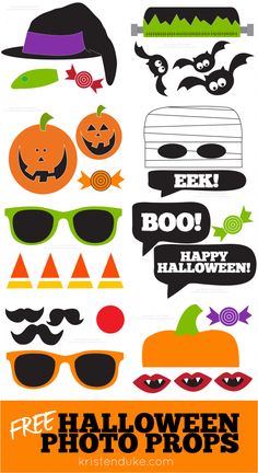 halloween photo booth props including pumpkins, sunglasses and hats