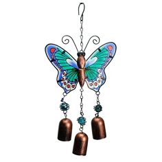 a butterfly wind chime with bells hanging from it's back and two bells attached to