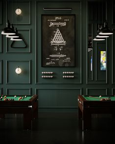 two pool tables in front of a chalkboard with diagrams on it and lights hanging from the ceiling