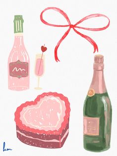 a bottle of wine and a piece of cake with a red ribbon on the top