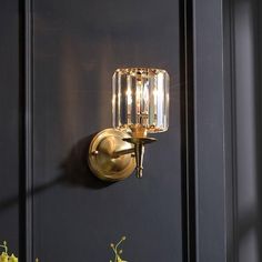 a wall light that is on the side of a black door with flowers in vases