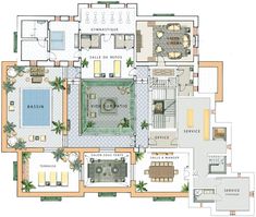 a floor plan for a house with several rooms and an outdoor swimming pool in the middle