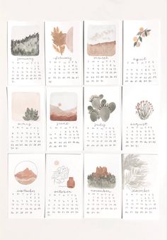 a calendar with watercolors and plants on it's side, in different colors