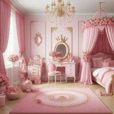 a bedroom decorated in pink and gold with chandelier, bed, dresser, mirror and rug