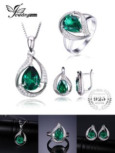 Emerald Jewelry Set, Bridal Jewelry Set, Pendant Earring, Silver Jewellery Sets, Ring Pendant Necklace, Emerald Jewelry, Bridal Jewelry Sets, Water Drop, Accessories Jewelry