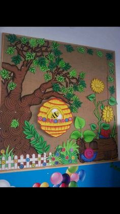 an image of a painting on the wall that is decorated with flowers and trees, including a beehive