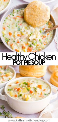 healthy chicken pot pie soup in a white bowl