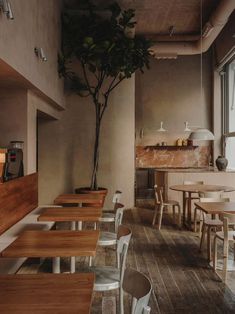 the interior of a restaurant with tables and chairs, potted plant on the wall