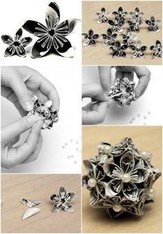 four different pictures showing the process of making an origami flower with metal parts