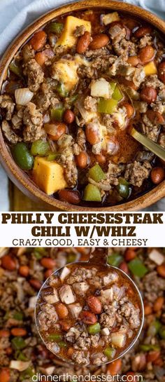 three different bowls filled with chili cheese steak and bean stew, next to each other