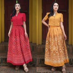 Vintage Lanna TRADITIONAL CLOTHES SET Available In Two Colors - Thailand Vintage Skirt And Blouse Clothe Set For Women 2 piece set Shirt and skirt  Cotton fabric, printed pattern, no lining, no glue. Slim-fit collar shirt, front buttons, shirt length 16-17 inches. High waist skirt Tweed pleated style, not smocked, has a back zipper, length 37 inches. Package contents; 1 crop 1 skirt Material : Cotton Fabric Size Top : 34/ Chest 34 inches / Length 16 inches 36/ Chest 36 inches / Length 16 inches Cotton Crop Top And Skirt, Traditional Long Skirt Sets For Summer, Traditional Skirt And Top, Traditional Skirts, Shirt And Skirt, Long Dress Design, Cotton Crop Top, Traditional Clothes, Skirt And Blouse