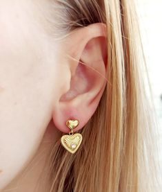 18K Gold FILLED Heart Earrings Huggies Mini Puffy Heart Dangle Heart Earrings Dainty Heart Earrings Puffy Heart Drops , Hypoallergenic  Material. 18K Gold Filled Stainless Steel Base Gold Plated Double Heart Charm Earrings, Gold Plated Heart Charm Earrings For Anniversary, Gold Plated Heart Earrings With Heart Charm For Anniversary, Dainty Heart-shaped Gold-plated Earrings, Gold Plated Heart Charm Drop Earrings, Gold Plated Double Heart Earrings For Anniversary, Heart Beads Drop Earrings For Anniversary, Double Heart Charm Earrings For Anniversary, Gold Plated Heart Shaped Pierced Earrings